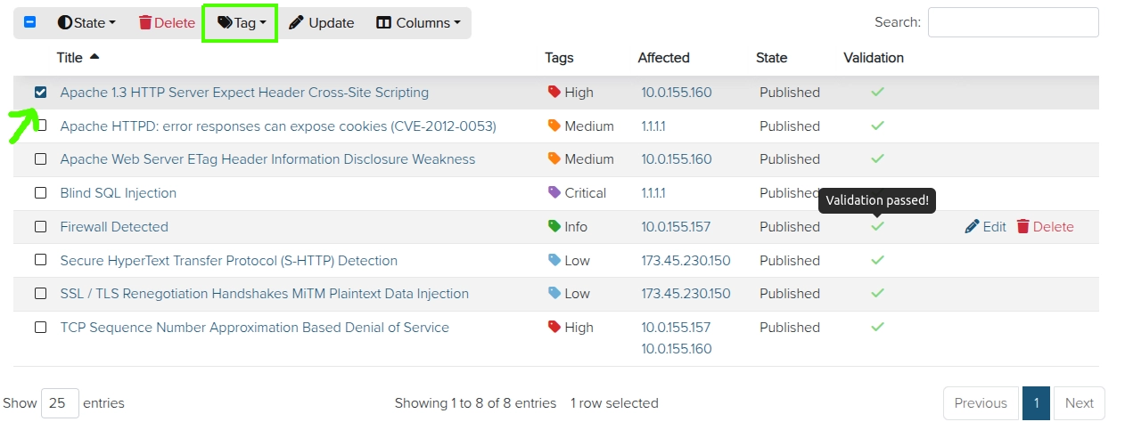 Screenshot of the Dradis tag button