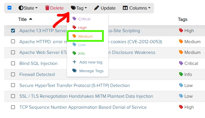 Screenshot of Dradis issue tagging