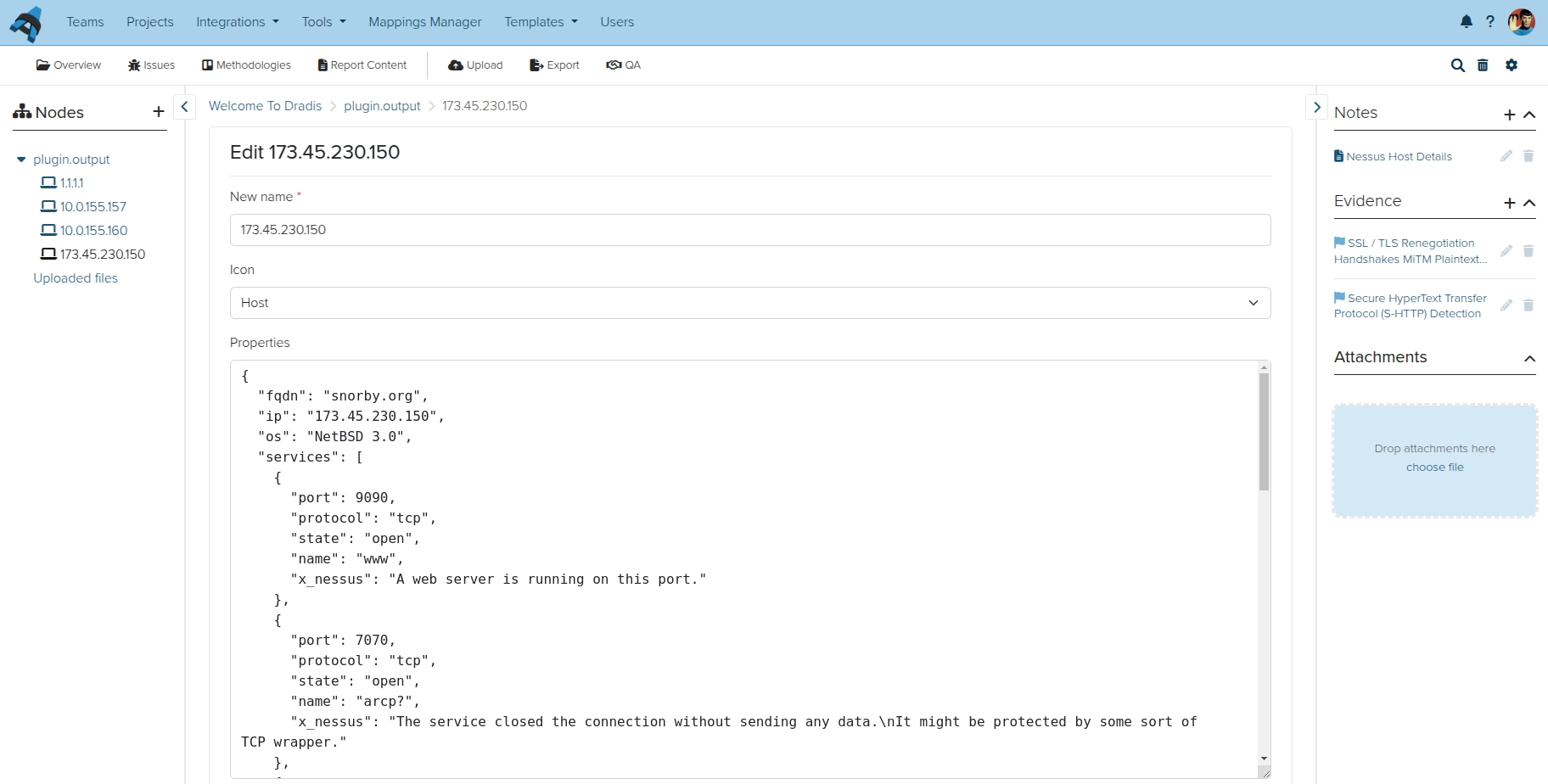 Screenshot of the Dradis node properties editor