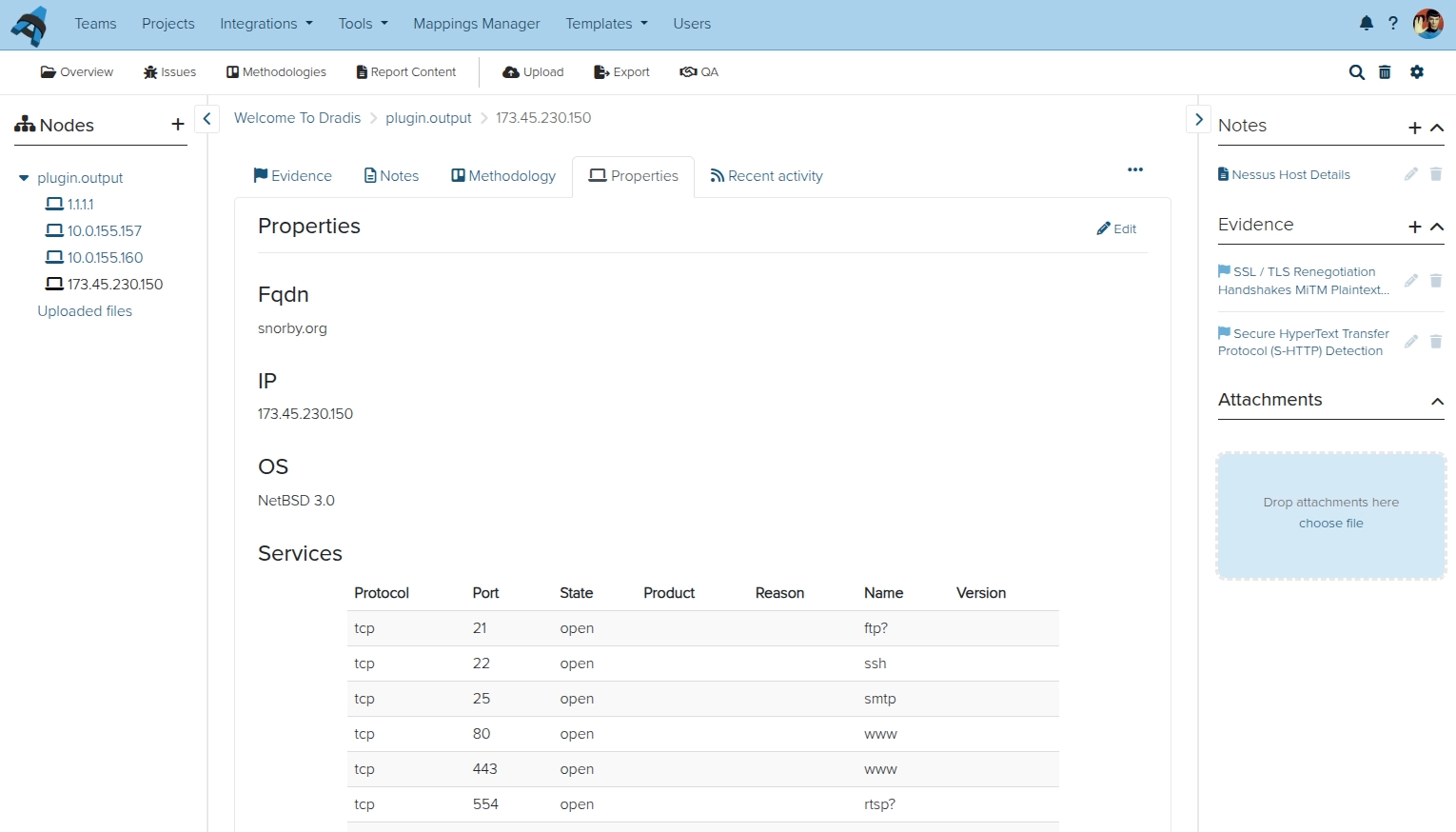 Screenshot of the Dradis node properties view