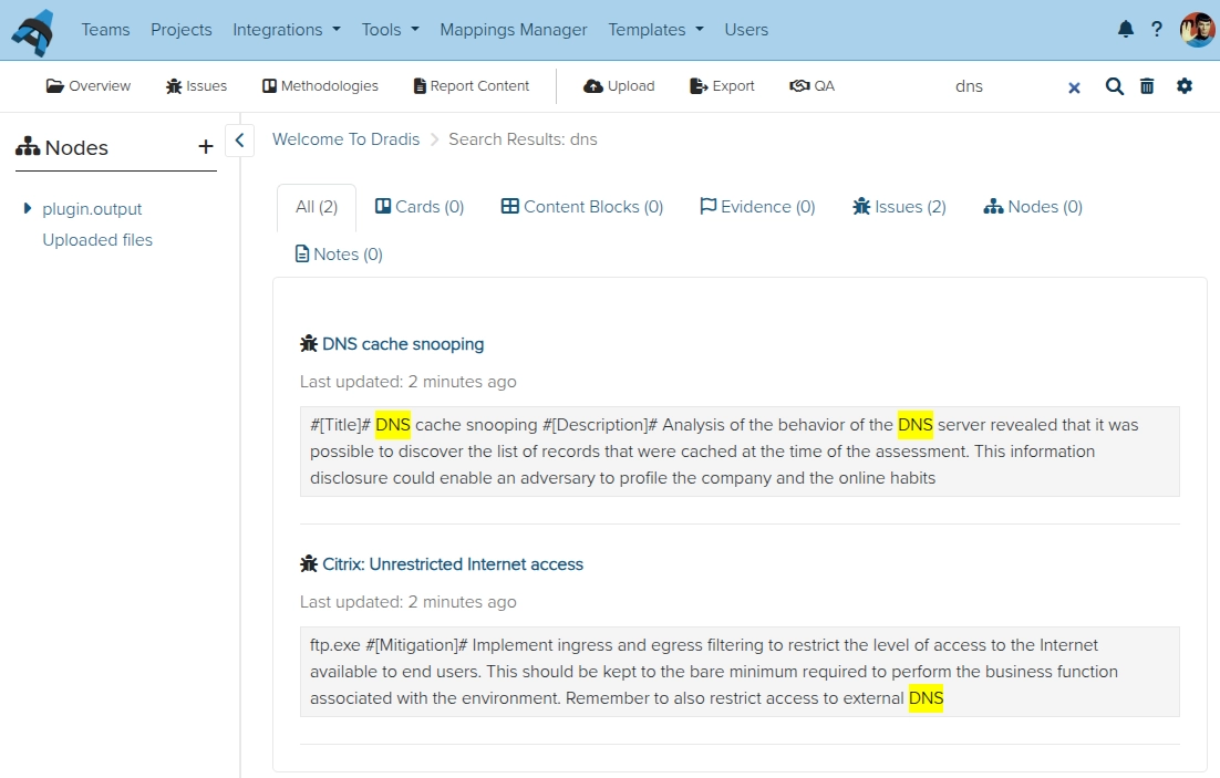 Screenshot of Dradis project search
