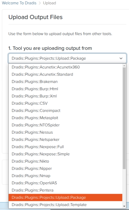 Screenshot of the Dradis uploader dropdown