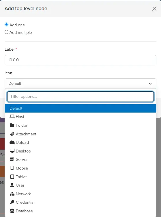 Screenshot of adding a node in Dradis