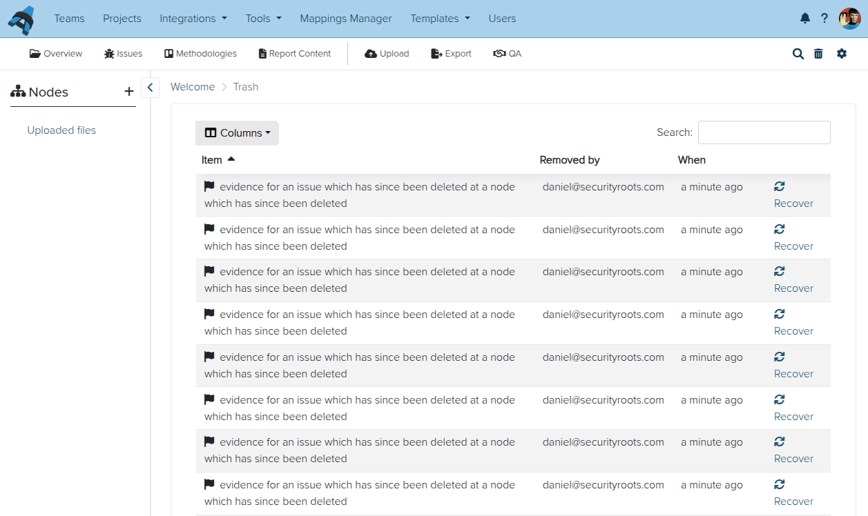 Screenshot of the Dradis trash view