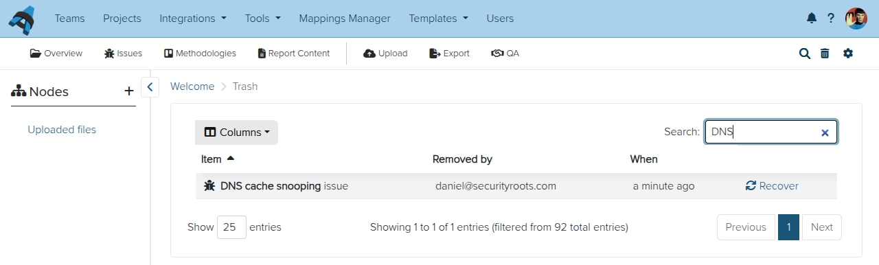 Screenshot of the Dradis trash search view