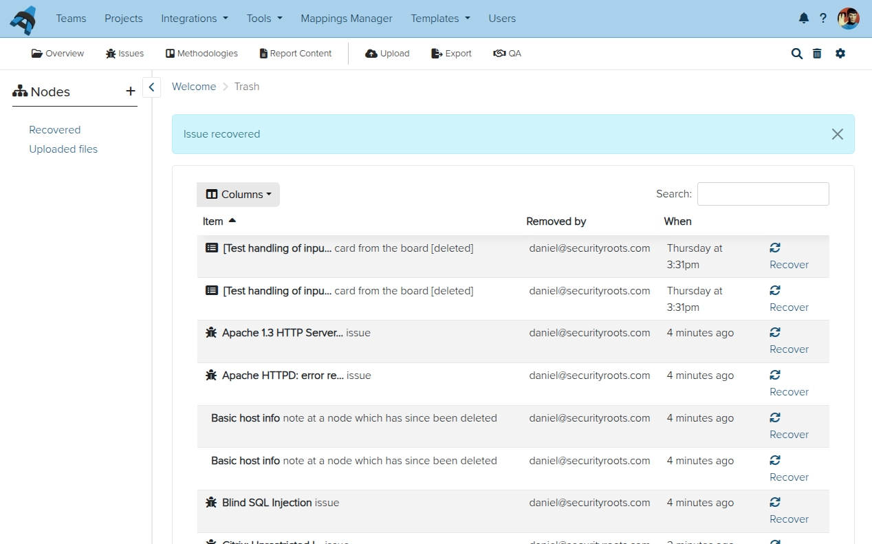 Screenshot of Dradis trash recovery
