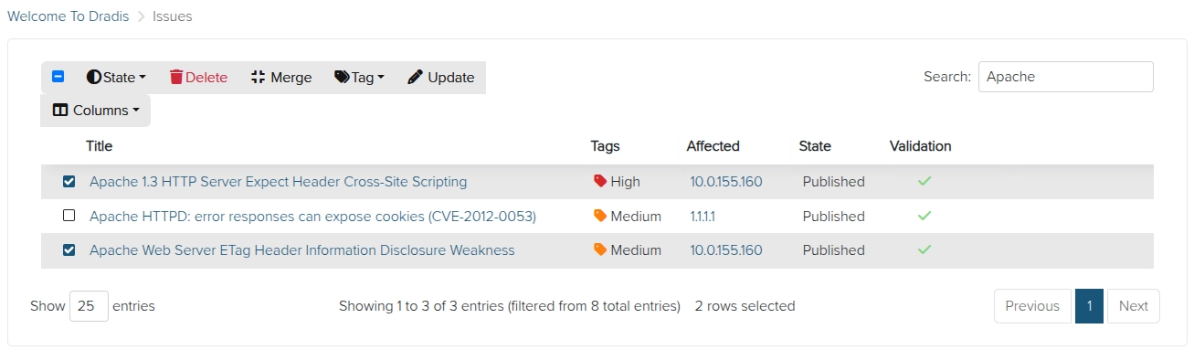 Screenshot of the Dradis issue select view