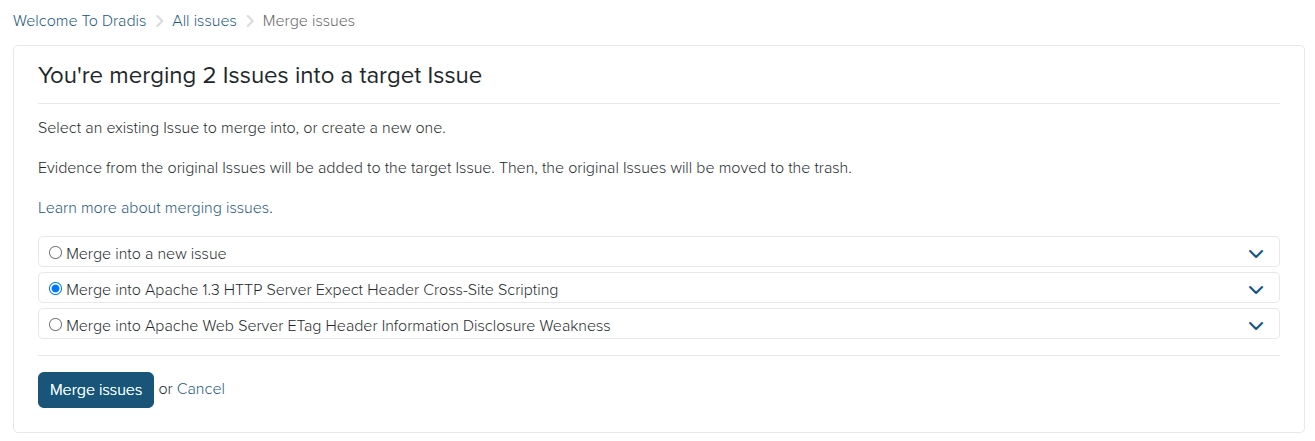 Screenshot of the Dradis merge issues view