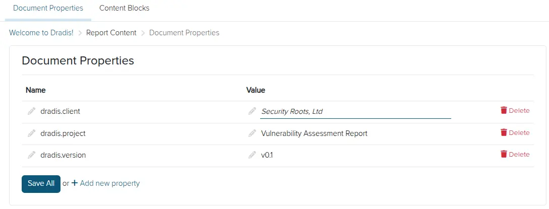 Screenshot of the Dradis document properties view