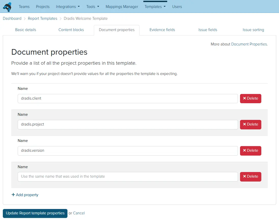 Screenshot of the Dradis document properties RTP view