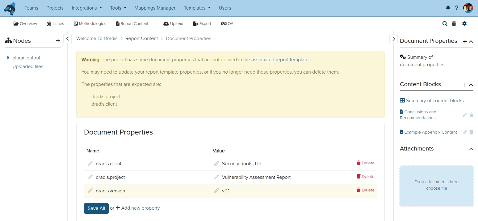 Screenshot of the Dradis document property RTP warning view