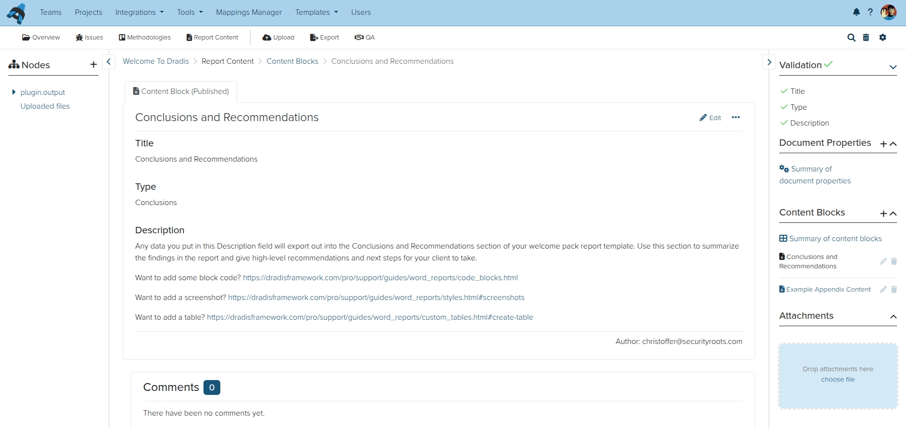 Screenshot of the Dradis content block view