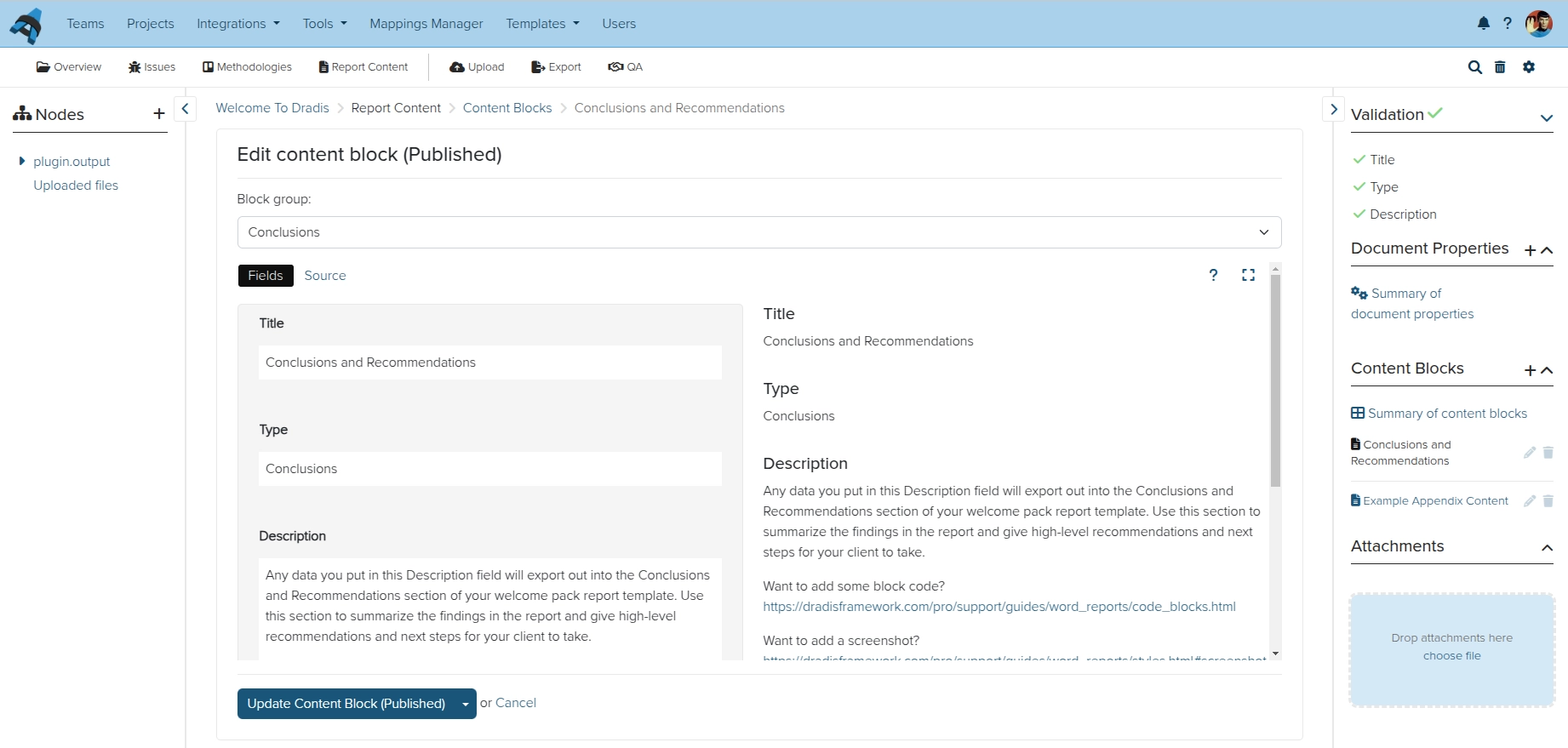 Screenshot of the Dradis content block editor