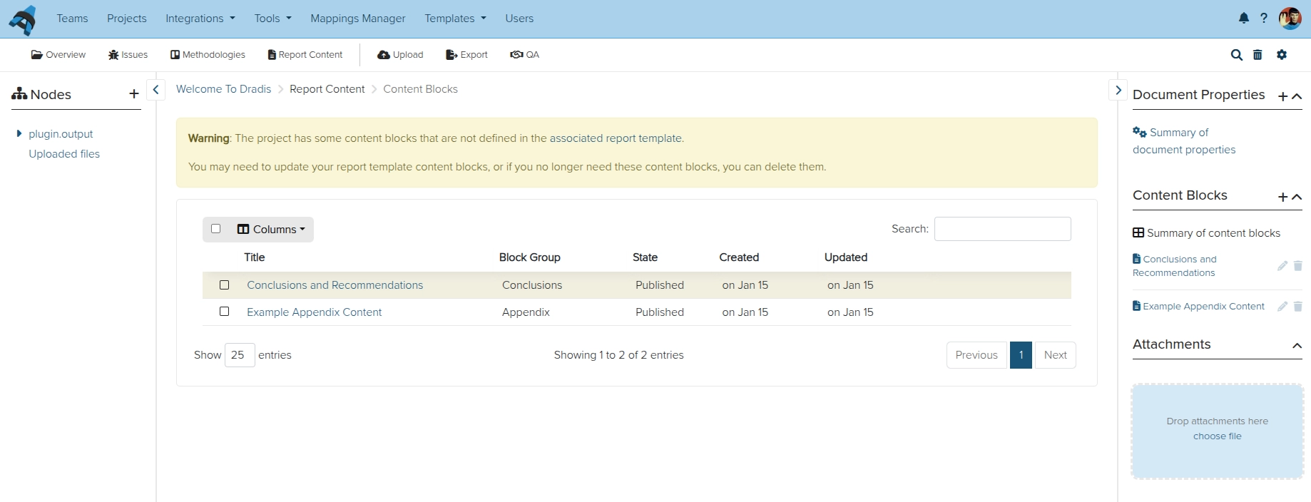 Screenshot of the Dradis content block RTP warning view