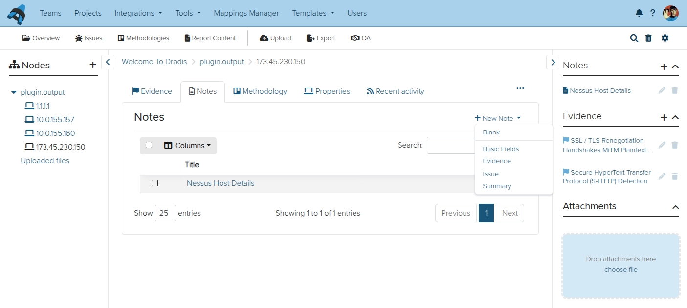 Screenshot of the Dradis add note view