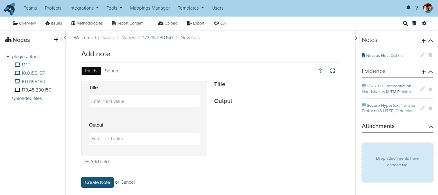 Screenshot of the Dradis note editor view