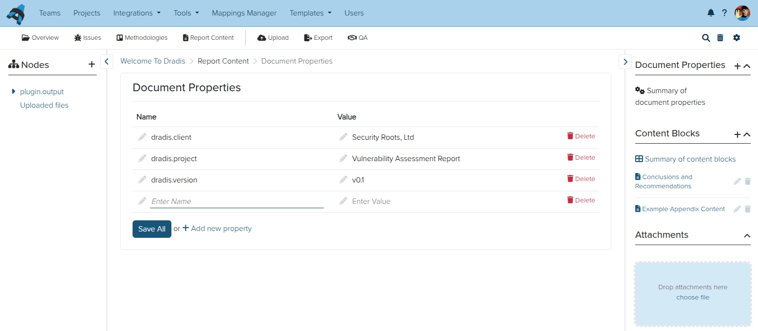 Screenshot of the Dradis document properties view