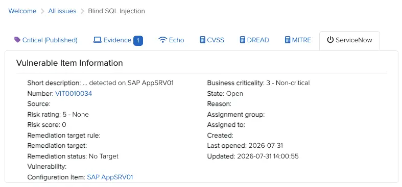 Dradis Issue ServiceNow Vulnerable Item tab with item details