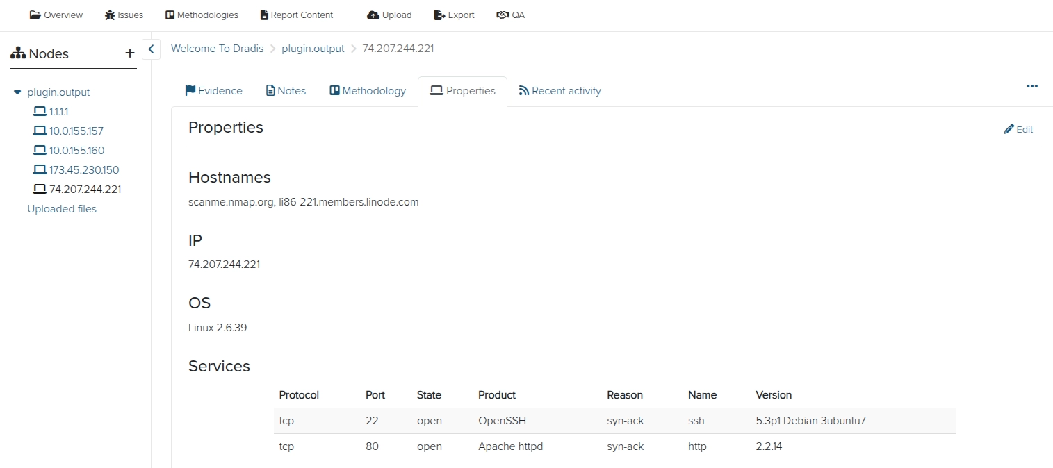 Screenshot of the Dradis node properties view