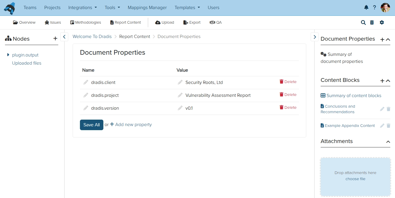 Screenshot of the Dradis project document properties