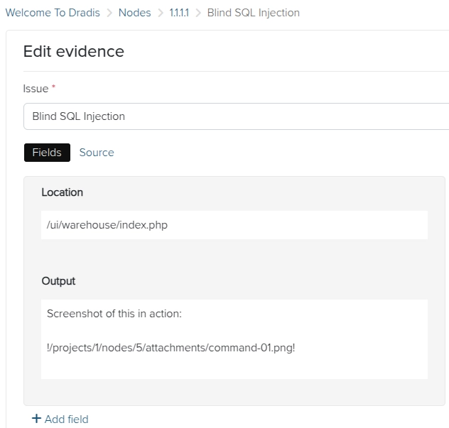 Screenshot of a Dradis screenshot format