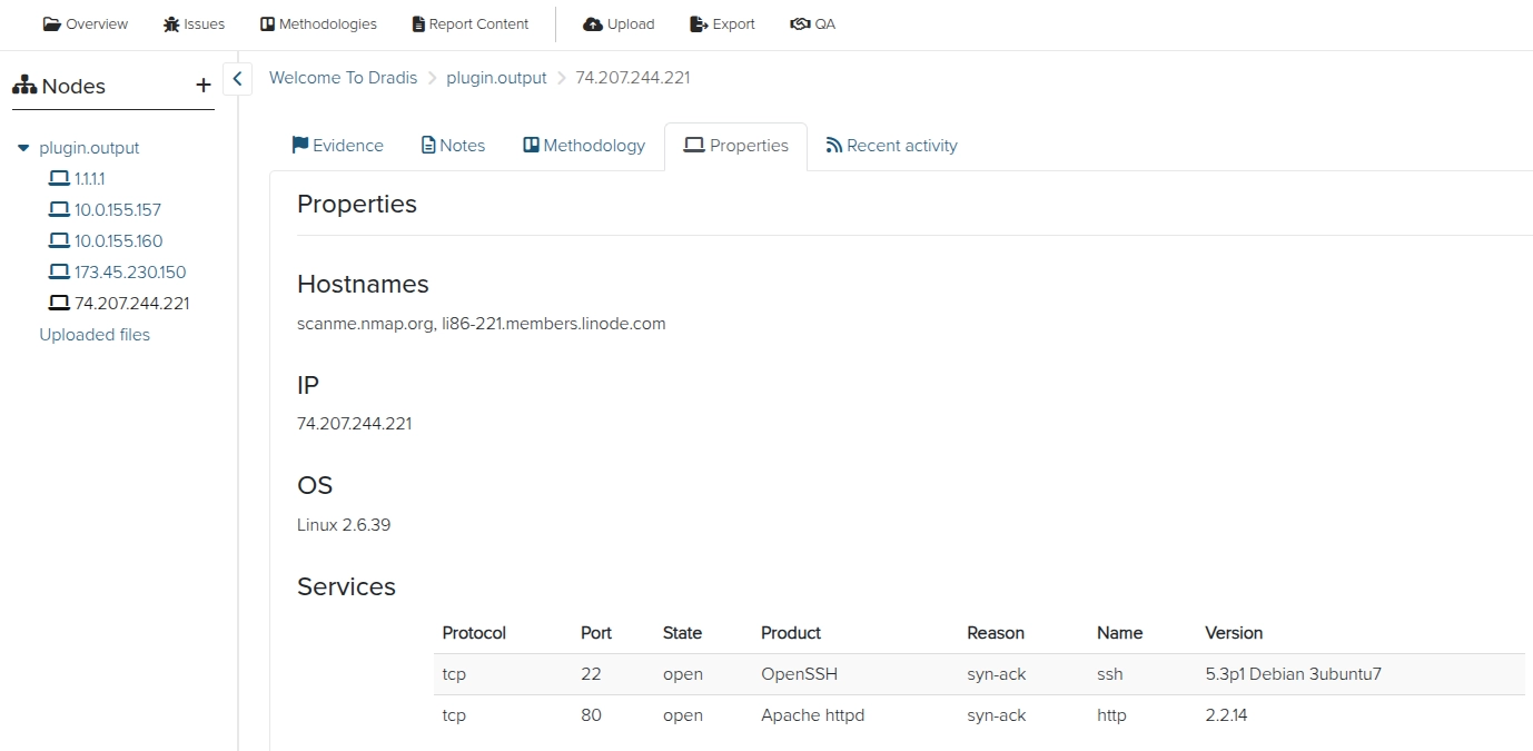 Screenshot of Dradis Nmap output on a node