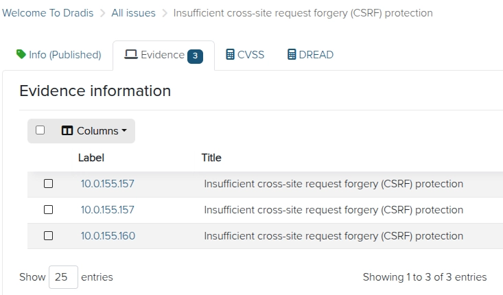 Screenshot of evidence in Dradis