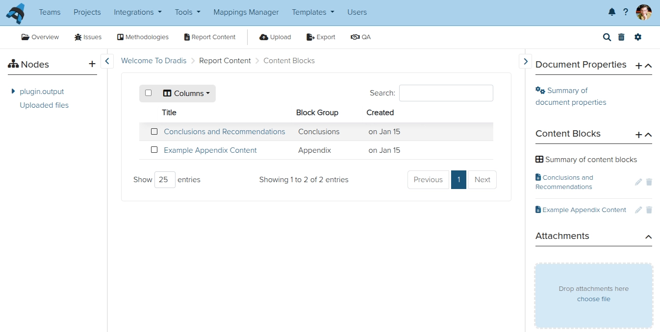 Screenshot of the Dradis ContentBlock summary view