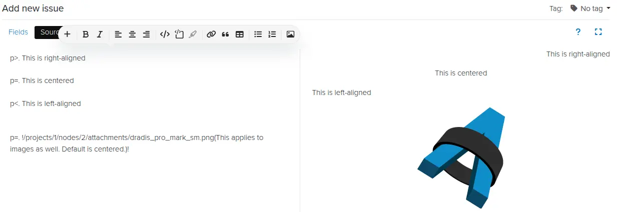 Screenshot of the Dradis alignment toolbar function