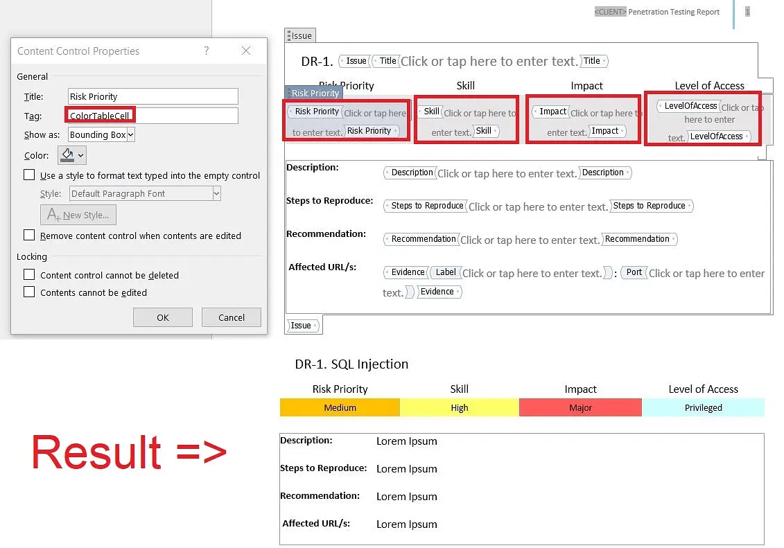 Word Content Control Properties dialog with Title set to Rating and Tag set to ColorTableCell