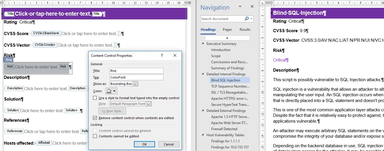 Word Content Control Properties dialog with Title set to Rating and Tag set to ColorFont