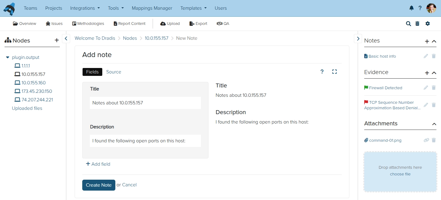 Screenshot of a Dradis note