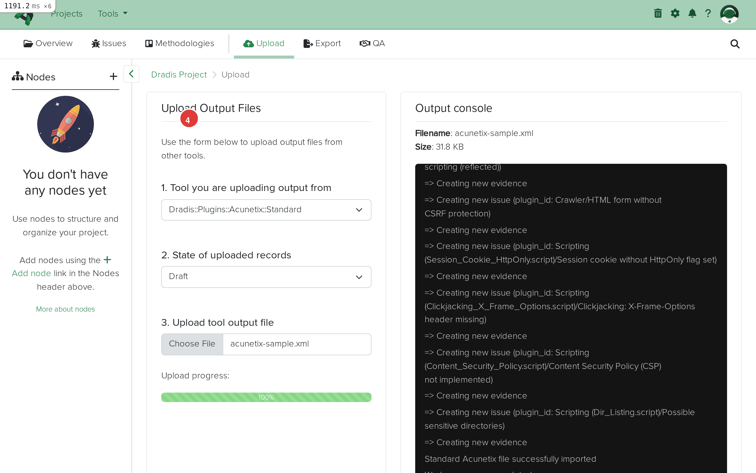 Import complete showing the output log