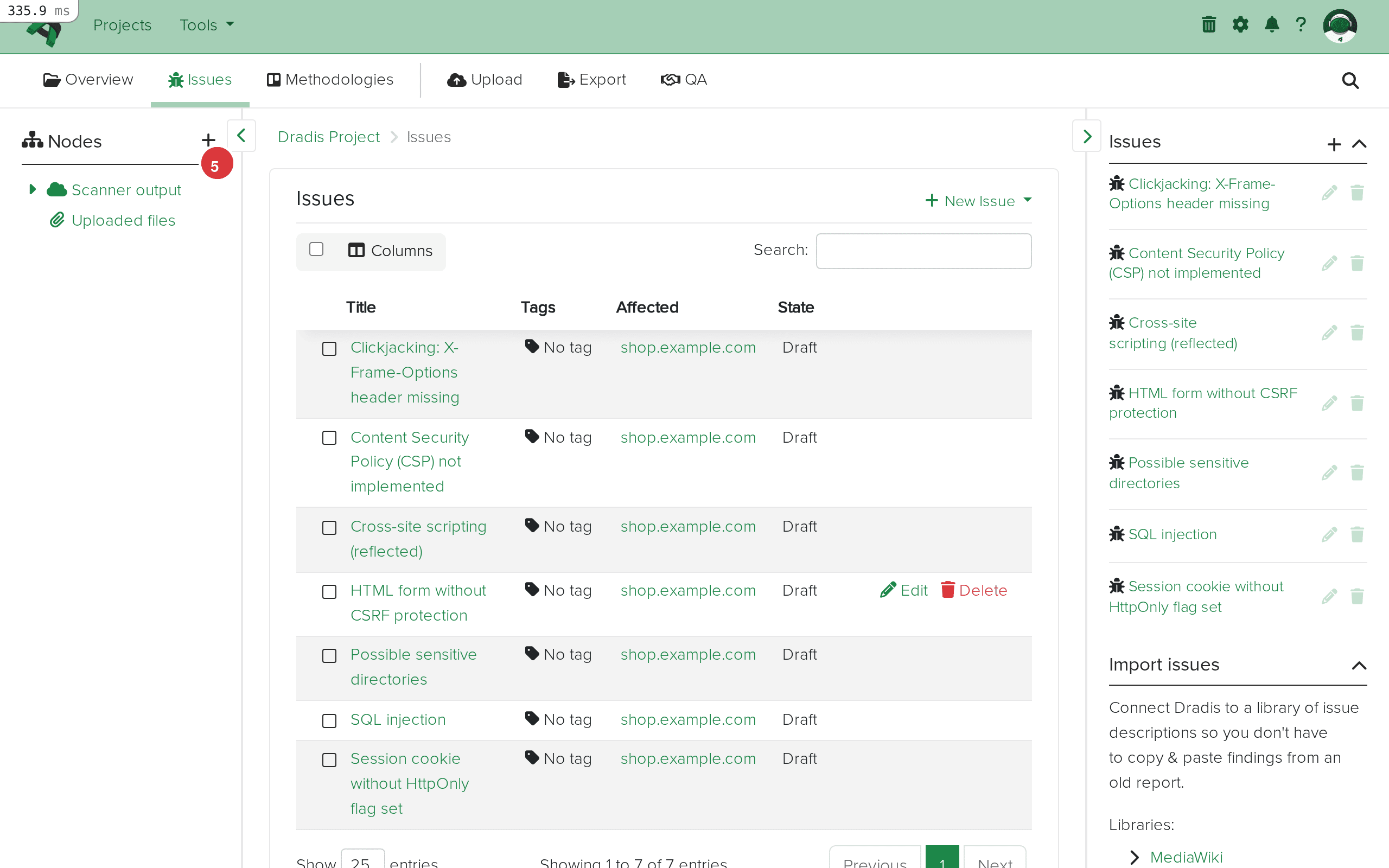 Issues list showing imported Acunetix findings