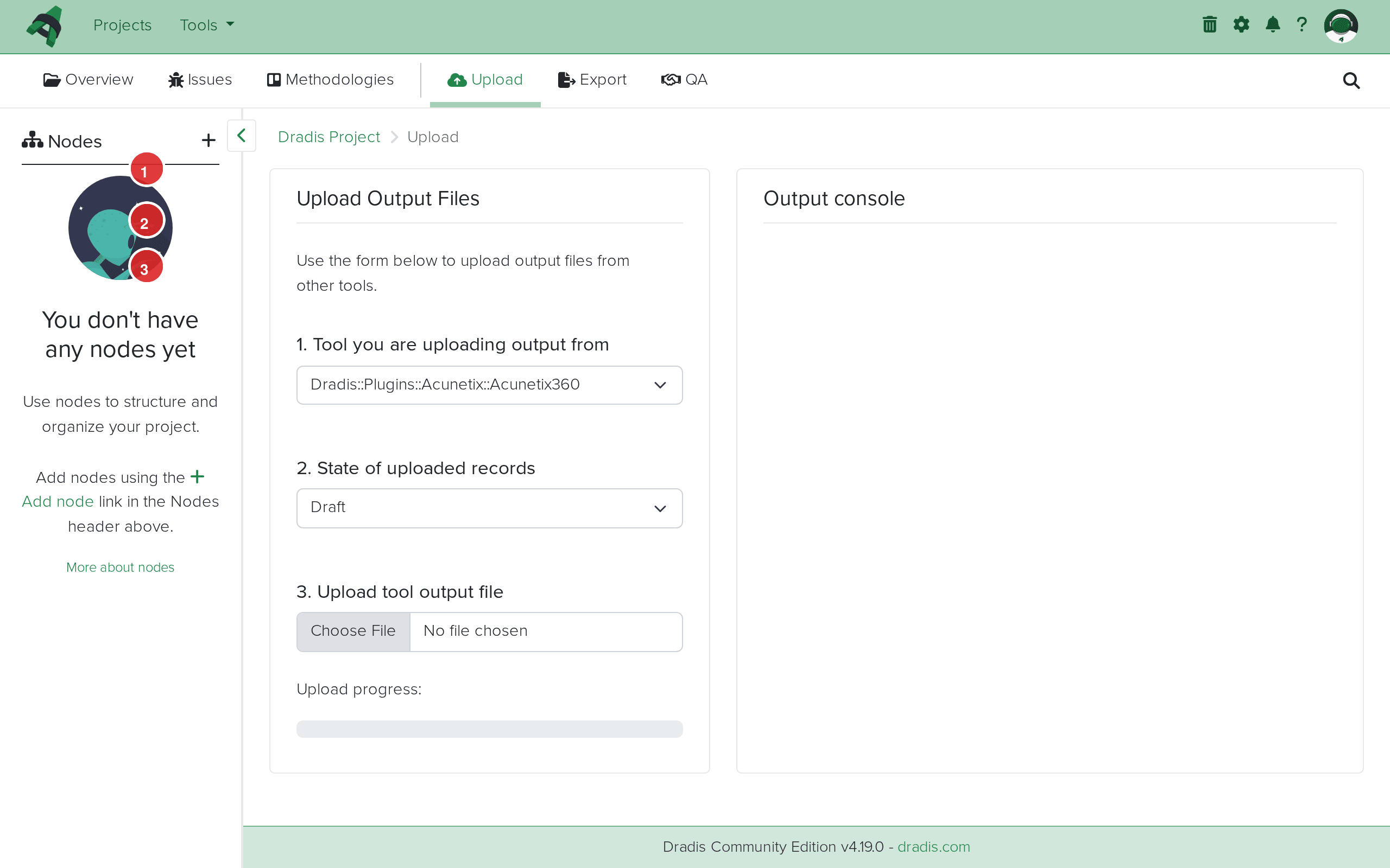 Dradis Upload page showing the three-step upload form