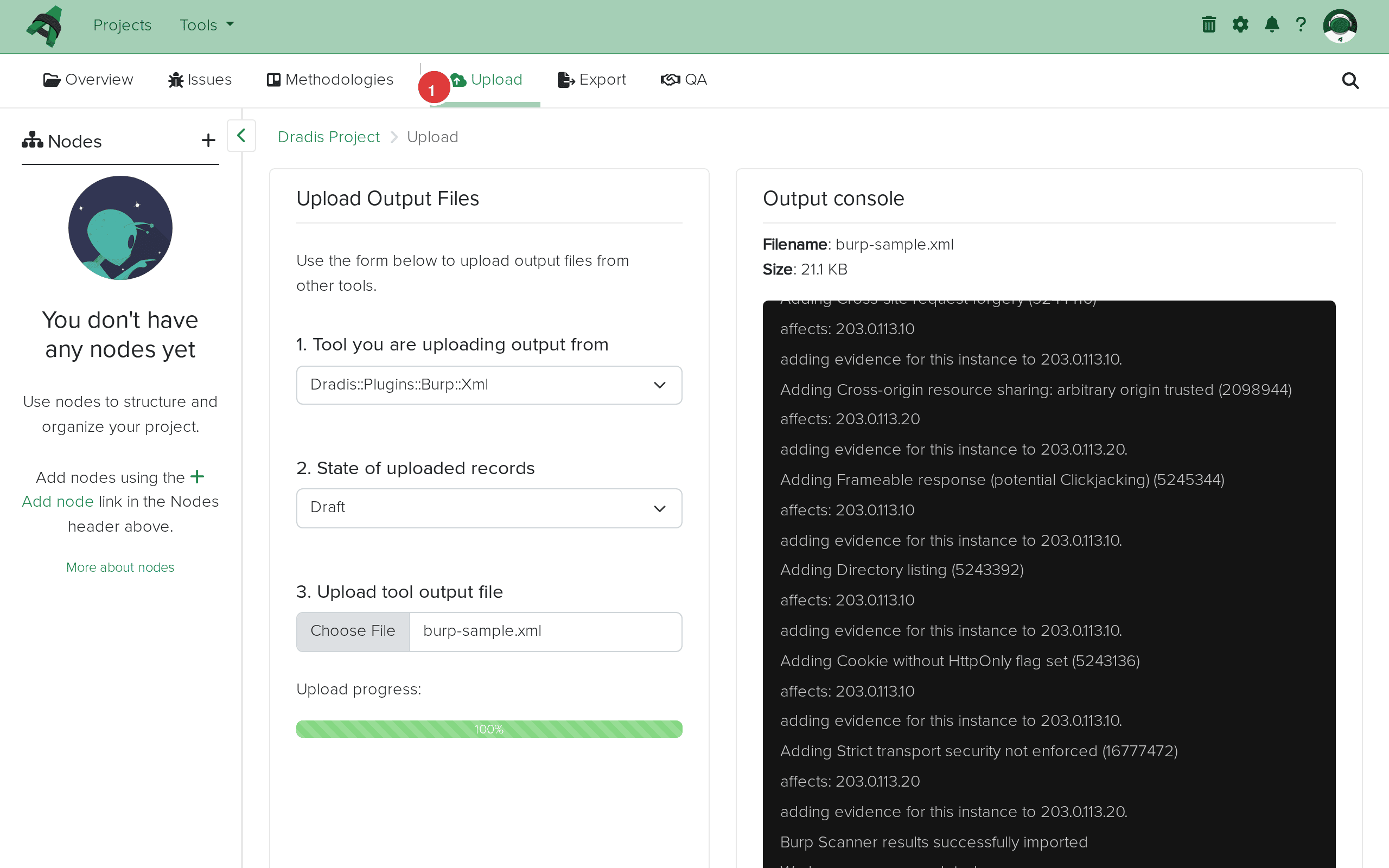 Import complete showing the output log