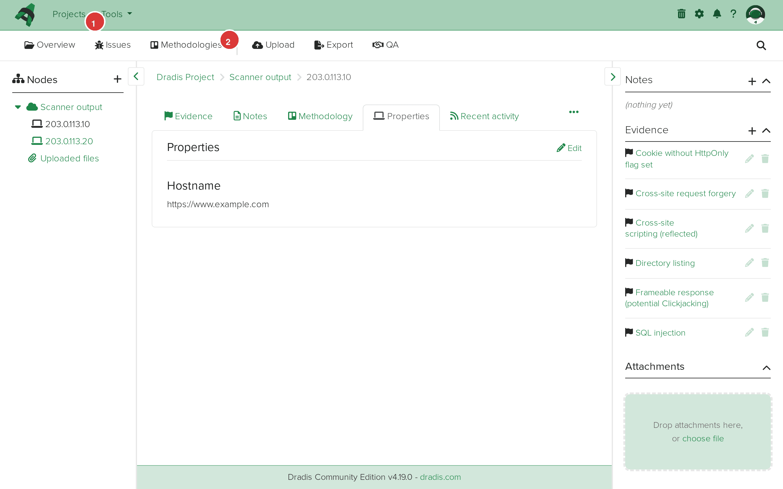 Host node showing properties and evidence