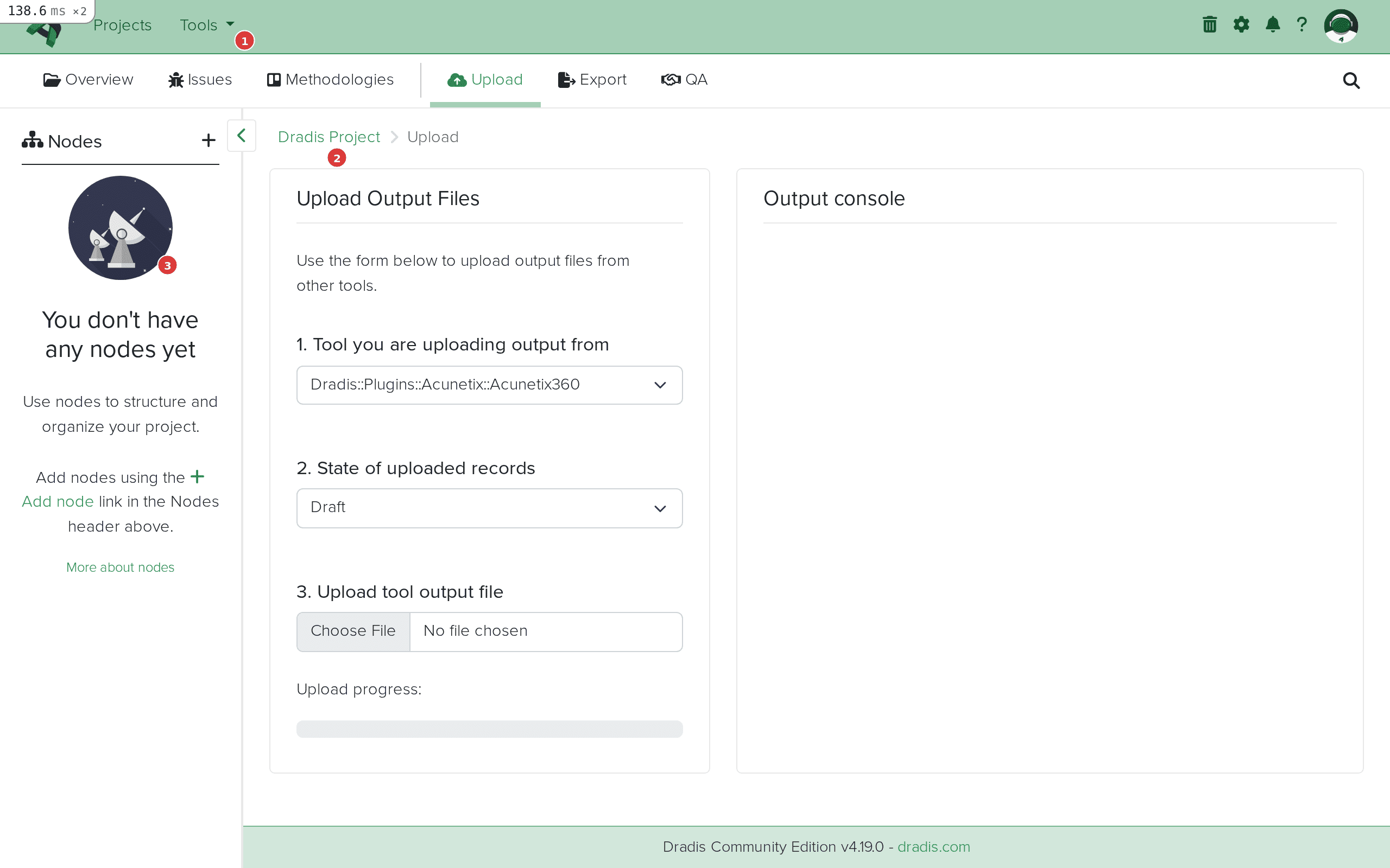 Dradis Upload page showing the three-step upload form