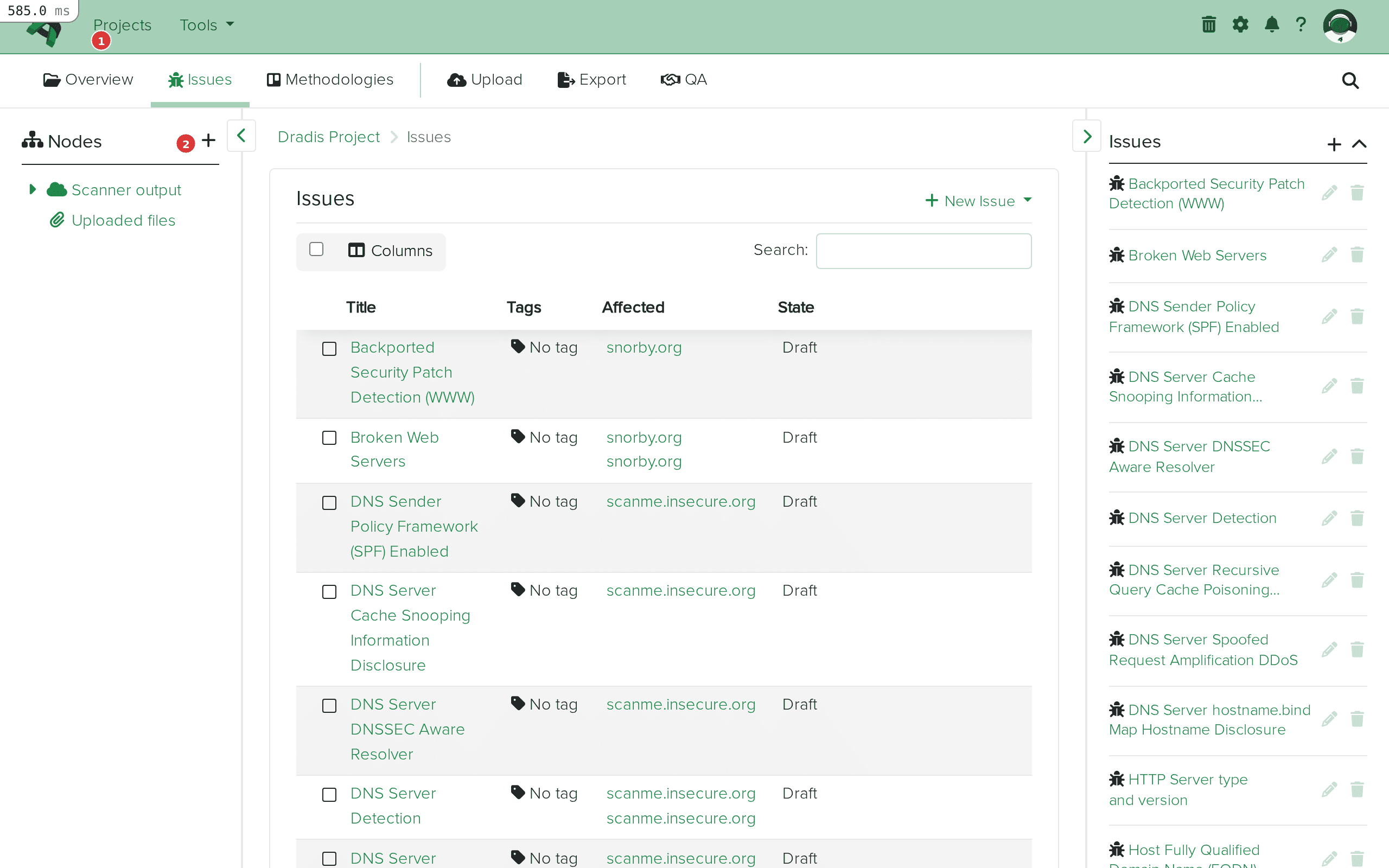 Issues list showing imported Nessus findings
