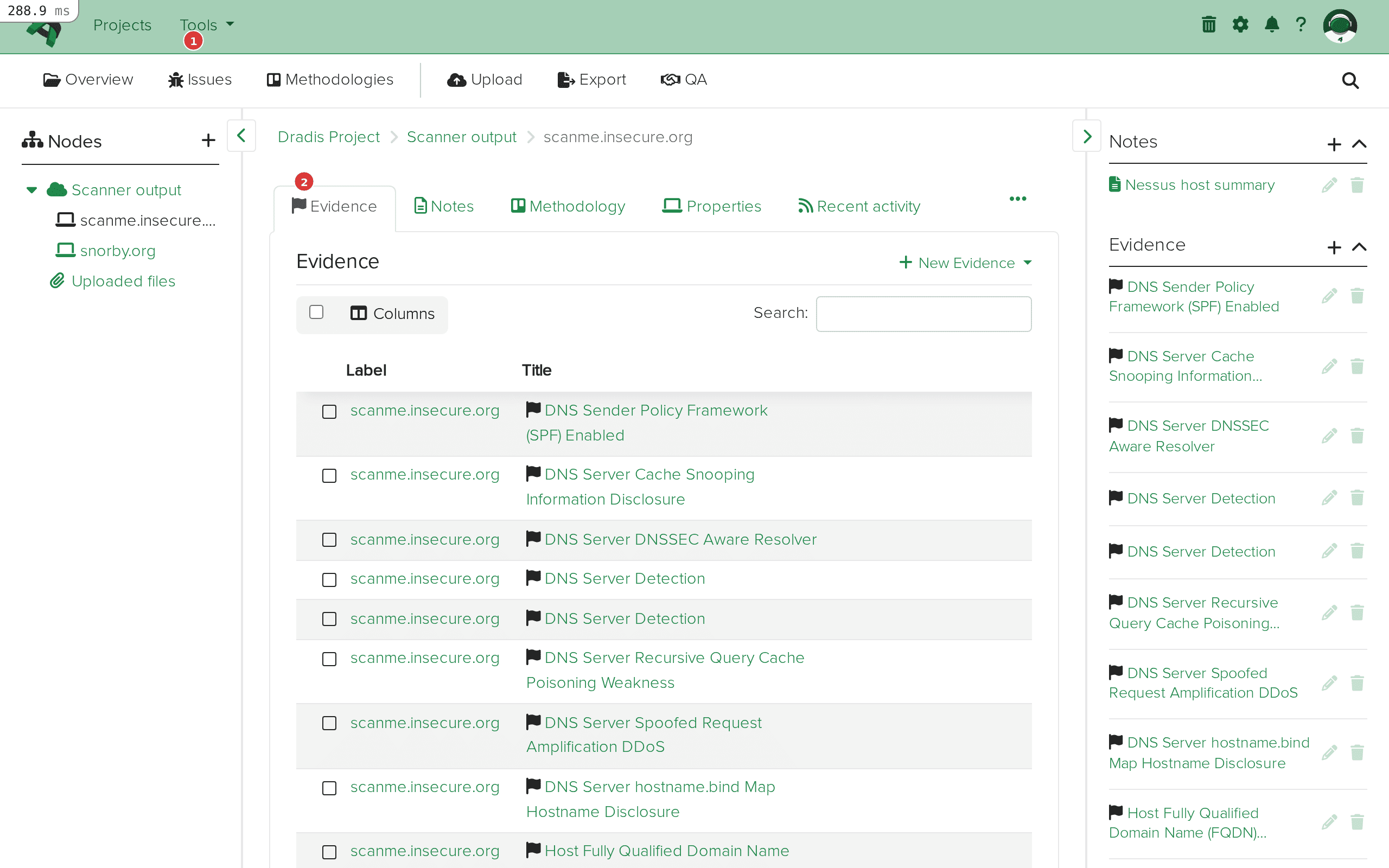 Evidence tab showing host-specific findings