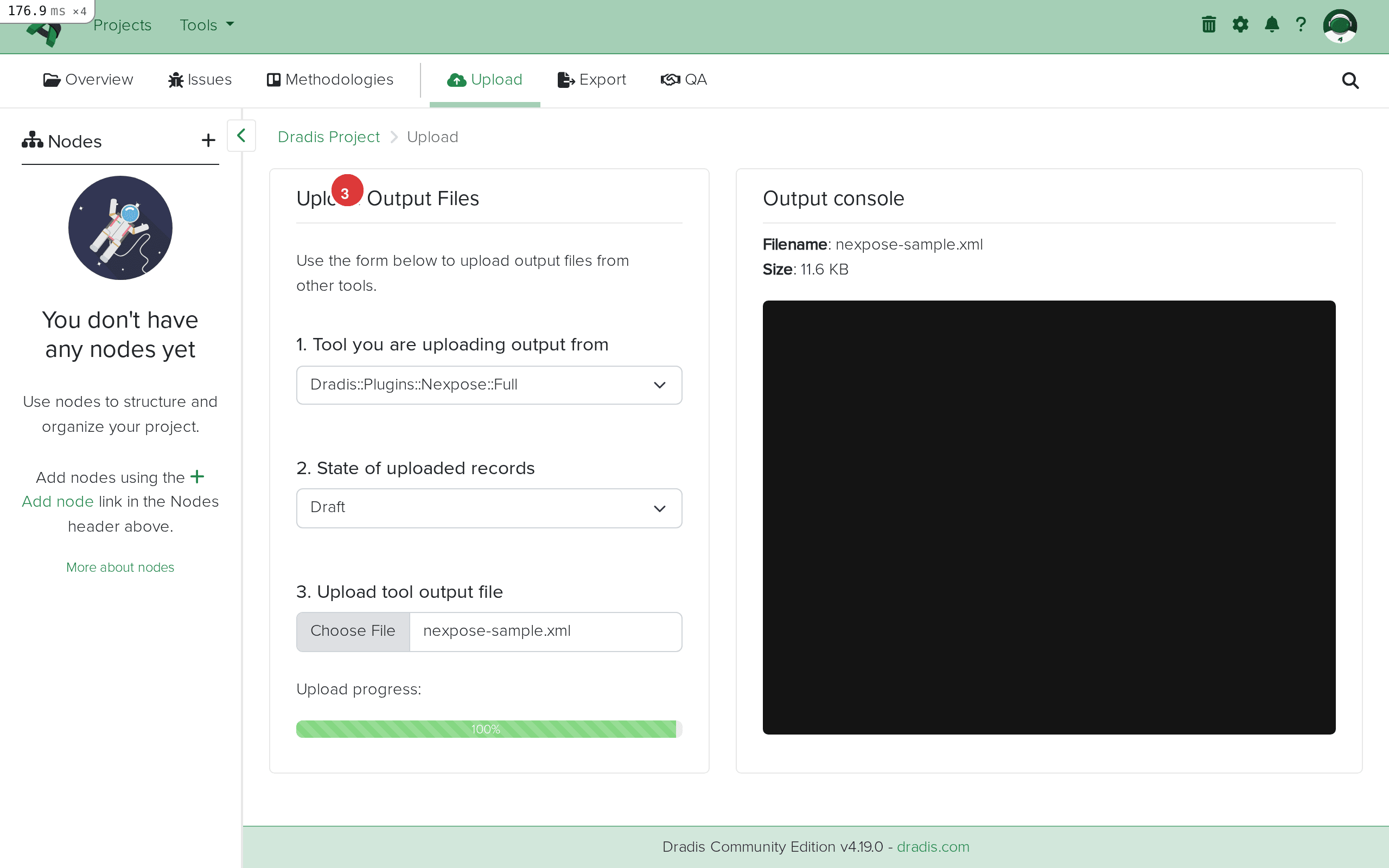 Nexpose XML file selected for upload