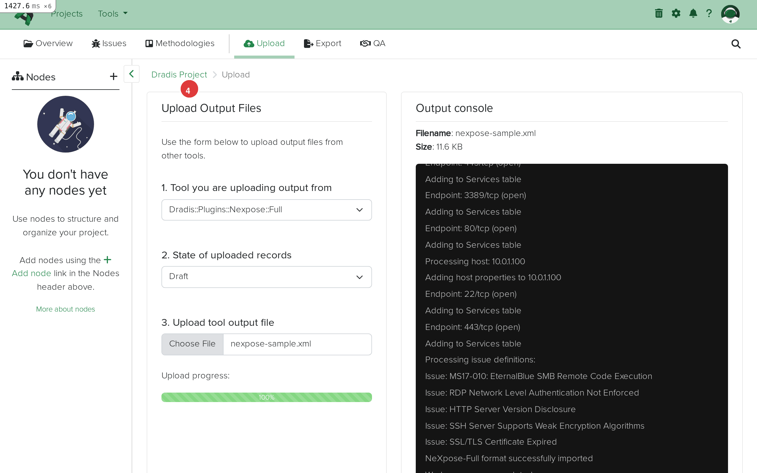 Import complete showing the output log
