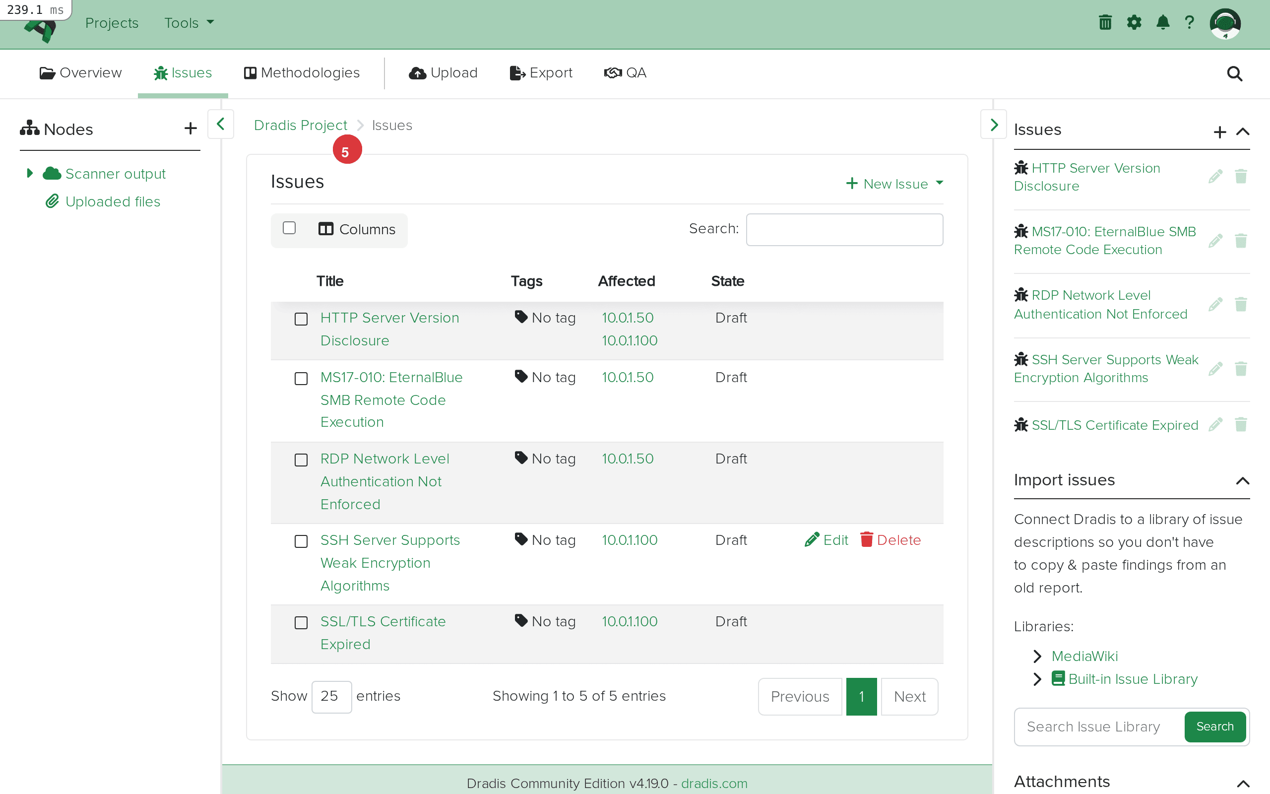 Issues list showing imported Nexpose vulnerabilities