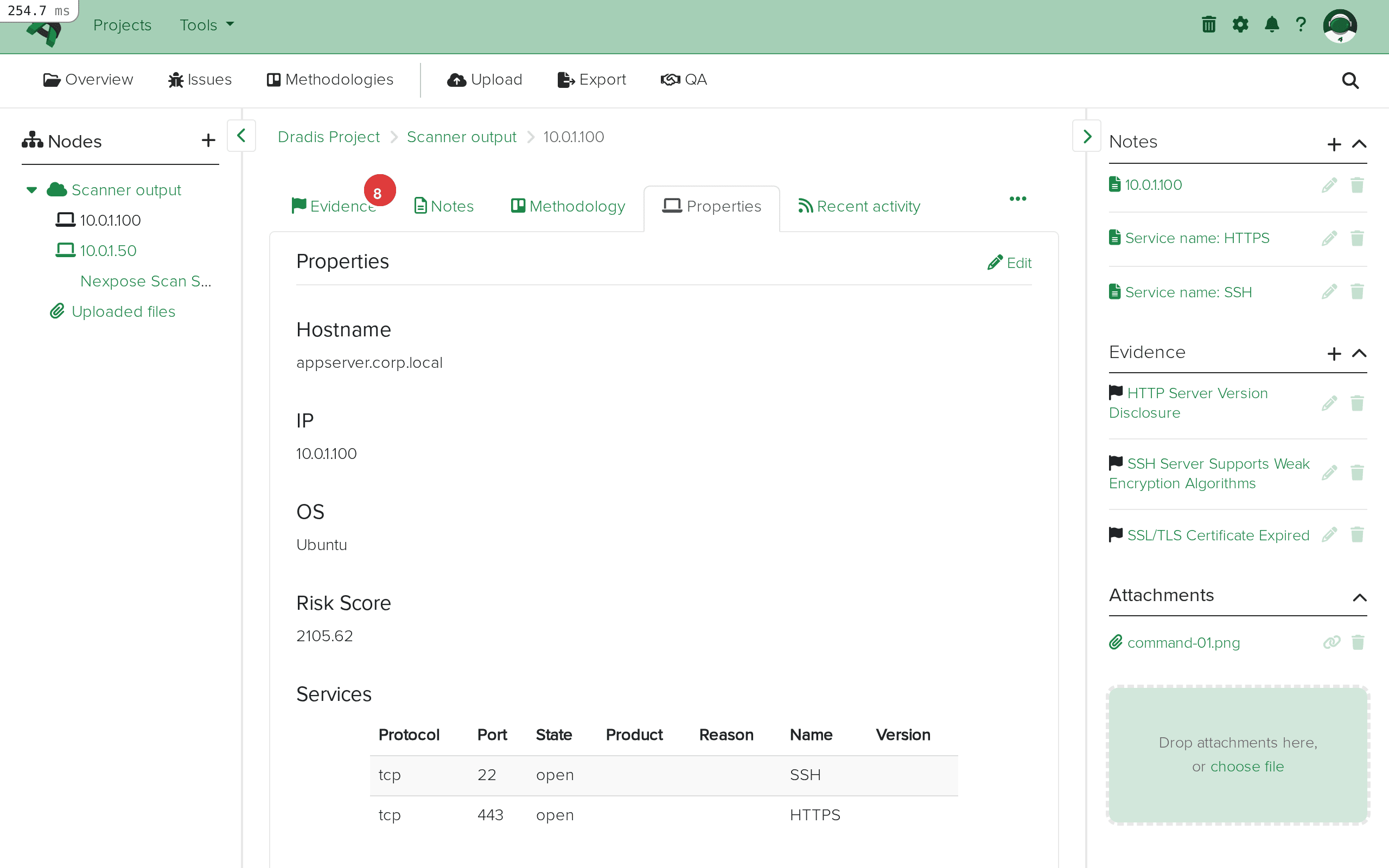 Host node showing properties and services
