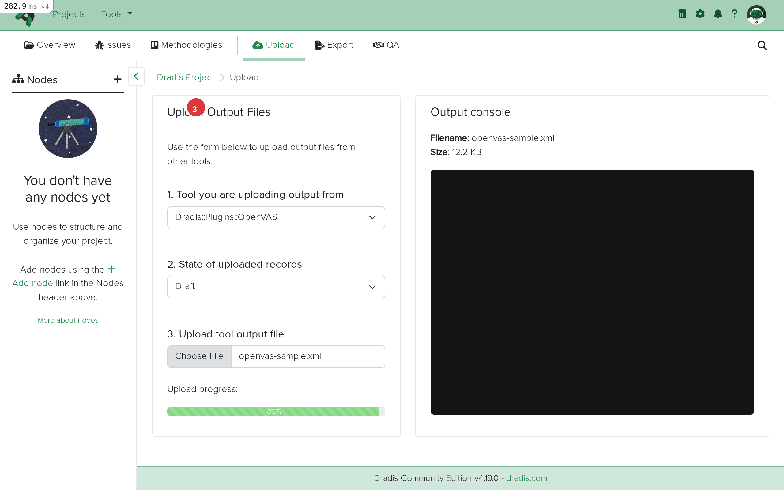 OpenVAS XML file selected for upload
