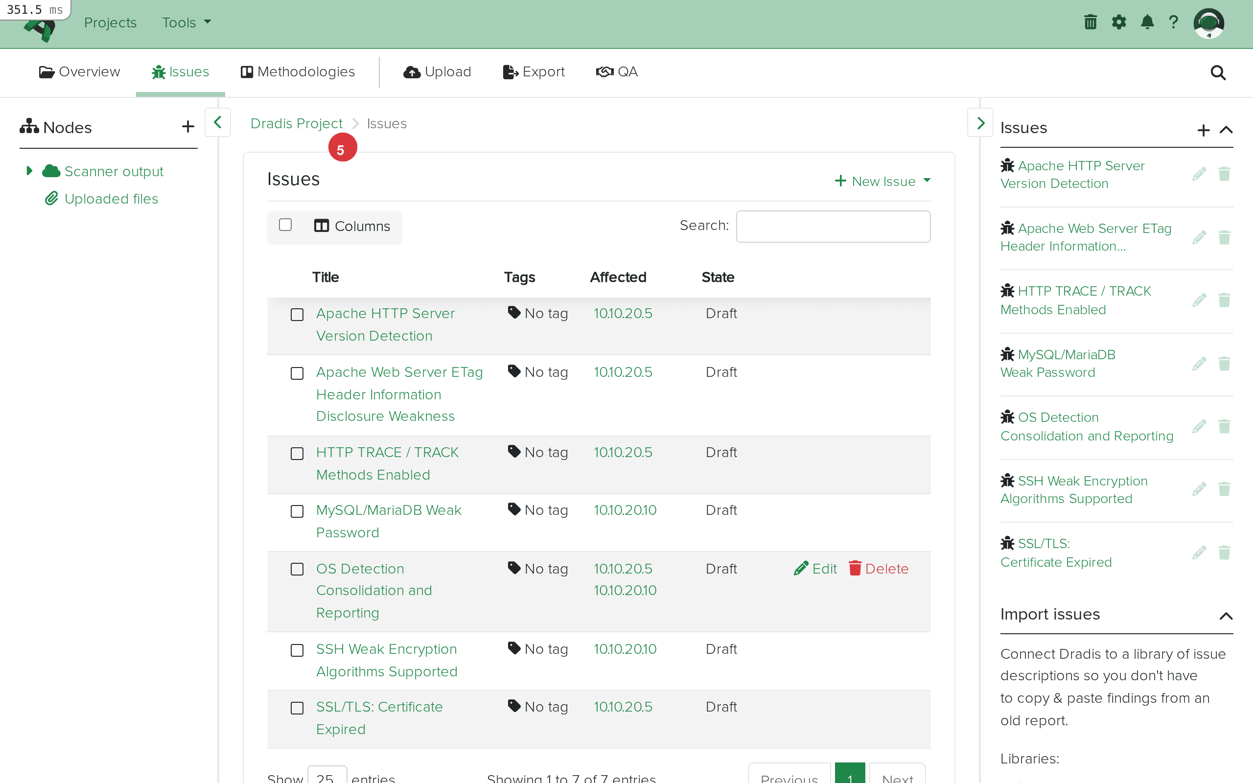 Issues list showing imported OpenVAS findings