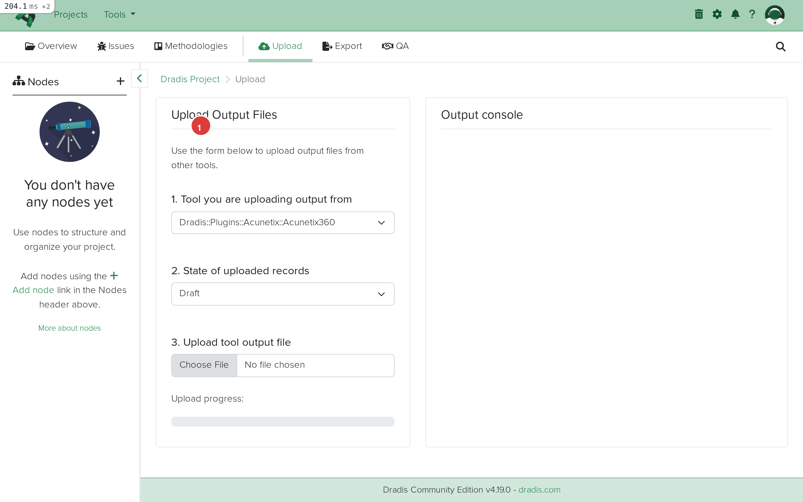 Dradis Upload page showing the three-step upload form