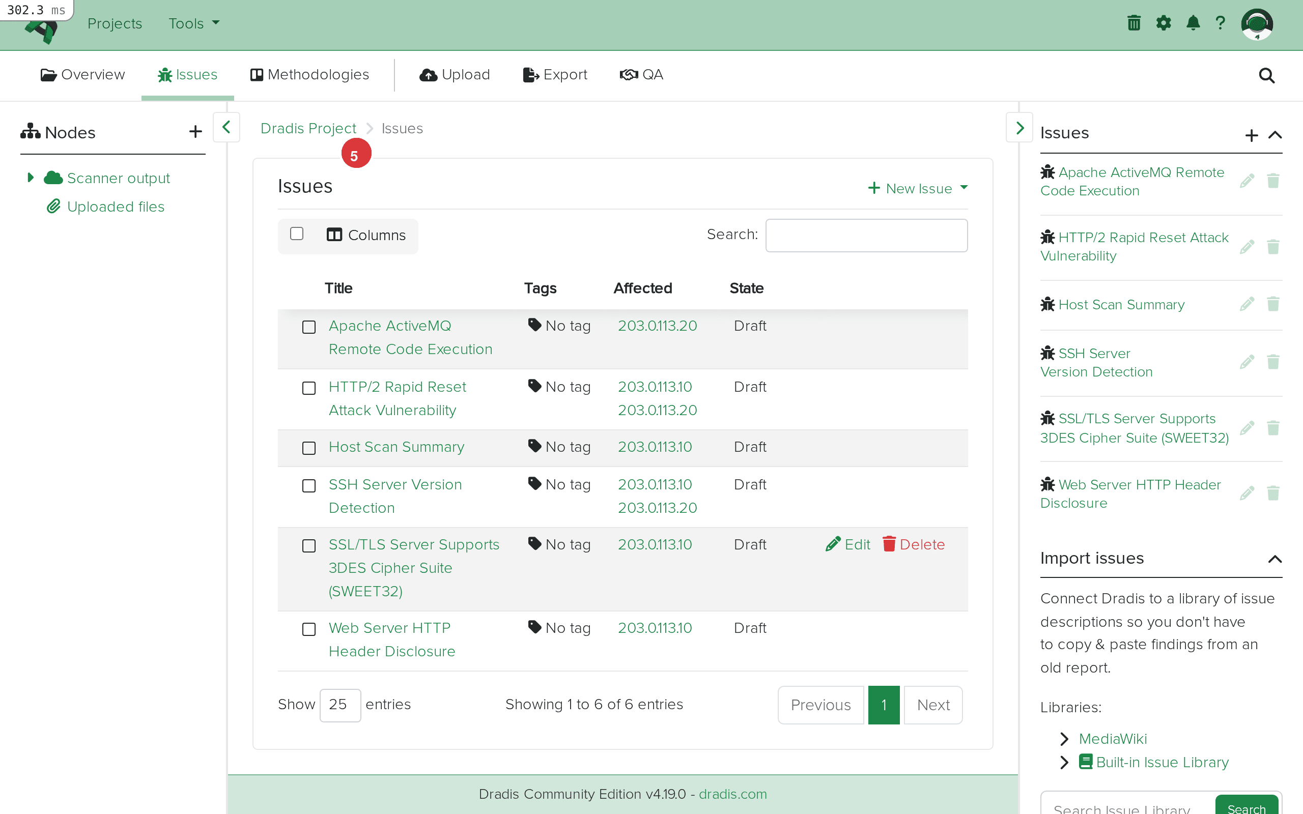Issues list showing imported Qualys findings