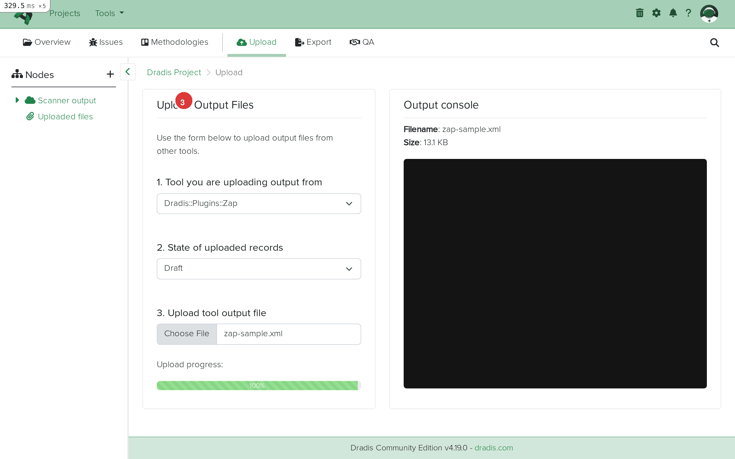 ZAP XML file selected for upload