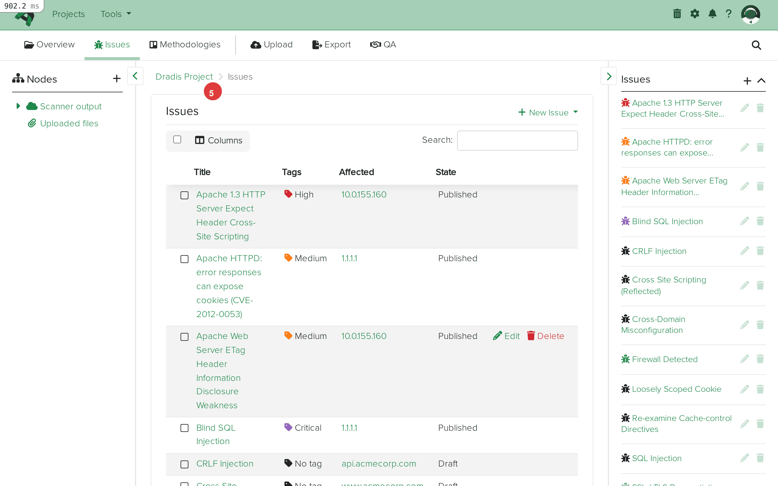 Issues list showing imported ZAP alerts